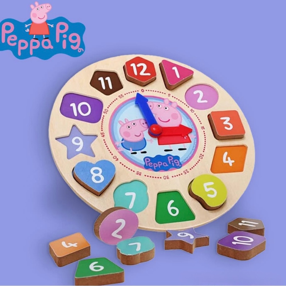 Peppa Pig Wooden Shape Sorter Clock Puzzle Toy, Learn Shapes Colors Numbers Time